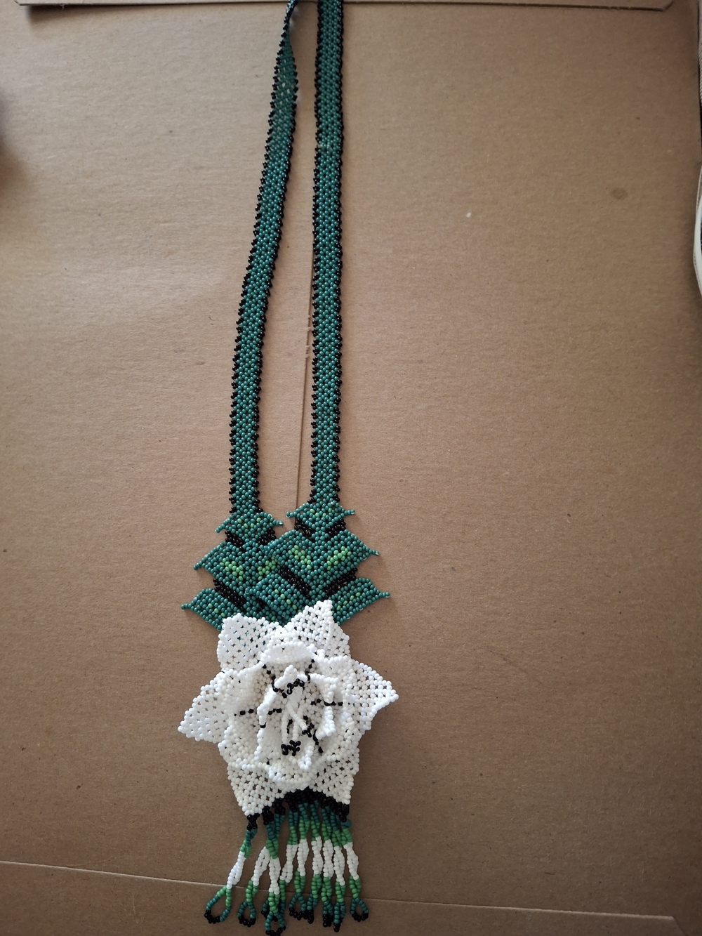 Handmade Green and White Beaded Floral Necklace